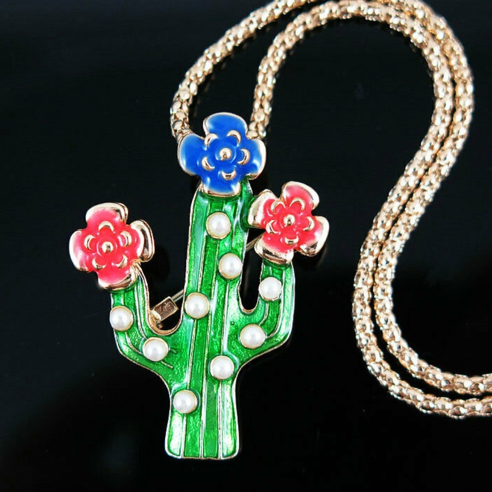 Cactus and Flower Enamel/Pearl Necklace